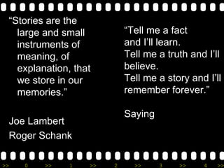 “Stories are the
   large and small          “Tell me a fact
   instruments of           and I’ll learn.
   meaning, of              Tell me a truth and I’ll
   explanation, that        believe.
   we store in our          Tell me a story and I’ll
   memories.”               remember forever.”

                            Saying
 Joe Lambert
 Roger Schank

>>   0   >>    1   >>   2     >>     3   >>    4   >>
 