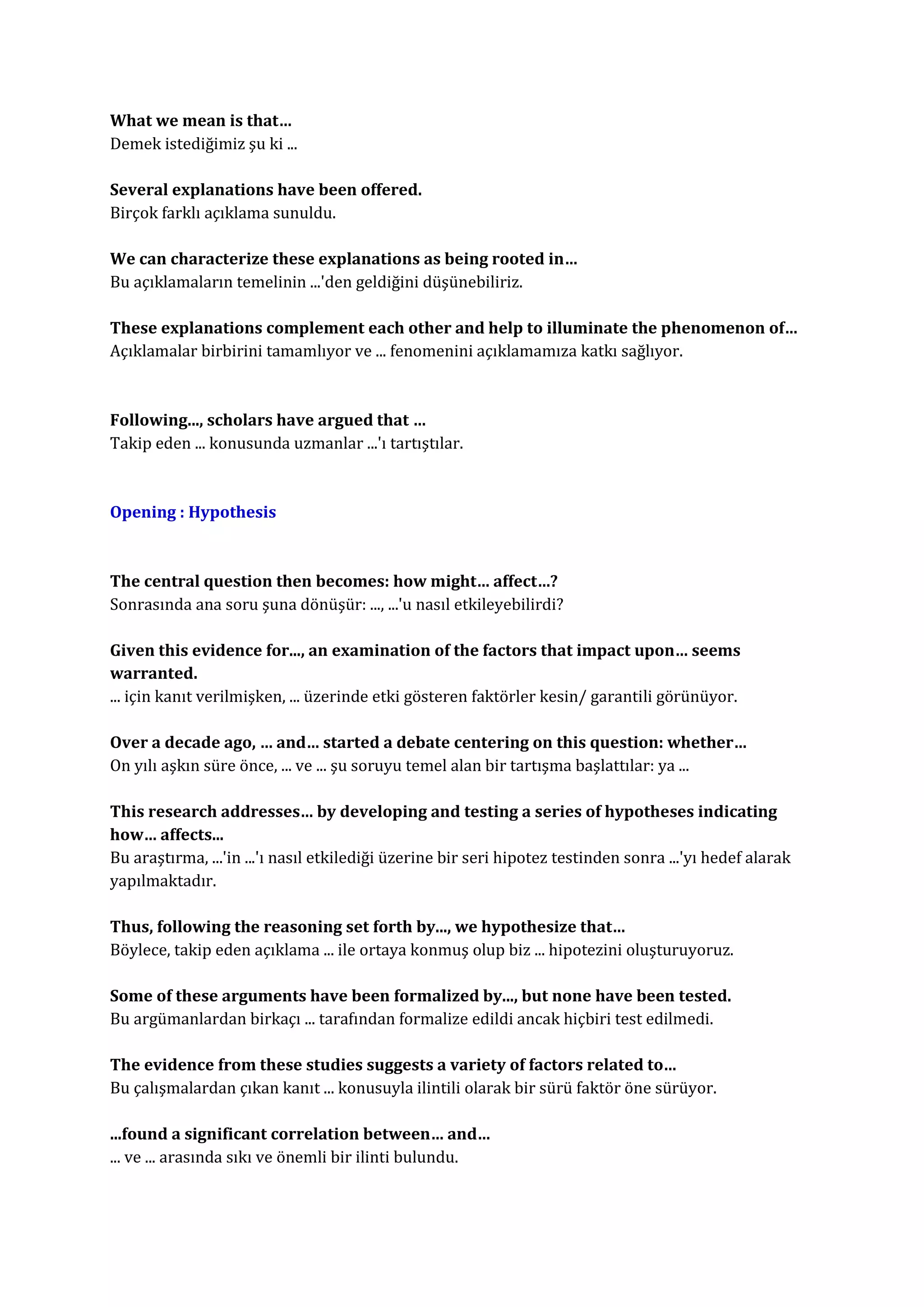 What we mean is that…
Demek istediğimiz şu ki ...

Several explanations have been offered.
Birçok farklı açıklama sunuldu.

We can characterize these explanations as being rooted in…
Bu açıklamaların temelinin ...'den geldiğini düşünebiliriz.

These explanations complement each other and help to illuminate the phenomenon of…
Açıklamalar birbirini tamamlıyor ve ... fenomenini açıklamamıza katkı sağlıyor.



Following..., scholars have argued that …
Takip eden ... konusunda uzmanlar ...'ı tartıştılar.



Opening : Hypothesis



The central question then becomes: how might… affect…?
Sonrasında ana soru şuna dönüşür: ..., ...'u nasıl etkileyebilirdi?

Given this evidence for..., an examination of the factors that impact upon… seems
warranted.
... için kanıt verilmişken, ... üzerinde etki gösteren faktörler kesin/ garantili görünüyor.

Over a decade ago, … and… started a debate centering on this question: whether…
On yılı aşkın süre önce, ... ve ... şu soruyu temel alan bir tartışma başlattılar: ya ...

This research addresses… by developing and testing a series of hypotheses indicating
how… affects...
Bu araştırma, ...'in ...'ı nasıl etkilediği üzerine bir seri hipotez testinden sonra ...'yı hedef alarak
yapılmaktadır.

Thus, following the reasoning set forth by..., we hypothesize that…
Böylece, takip eden açıklama ... ile ortaya konmuş olup biz ... hipotezini oluşturuyoruz.

Some of these arguments have been formalized by..., but none have been tested.
Bu argümanlardan birkaçı ... tarafından formalize edildi ancak hiçbiri test edilmedi.

The evidence from these studies suggests a variety of factors related to…
Bu çalışmalardan çıkan kanıt ... konusuyla ilintili olarak bir sürü faktör öne sürüyor.

...found a significant correlation between… and…
... ve ... arasında sıkı ve önemli bir ilinti bulundu.
 