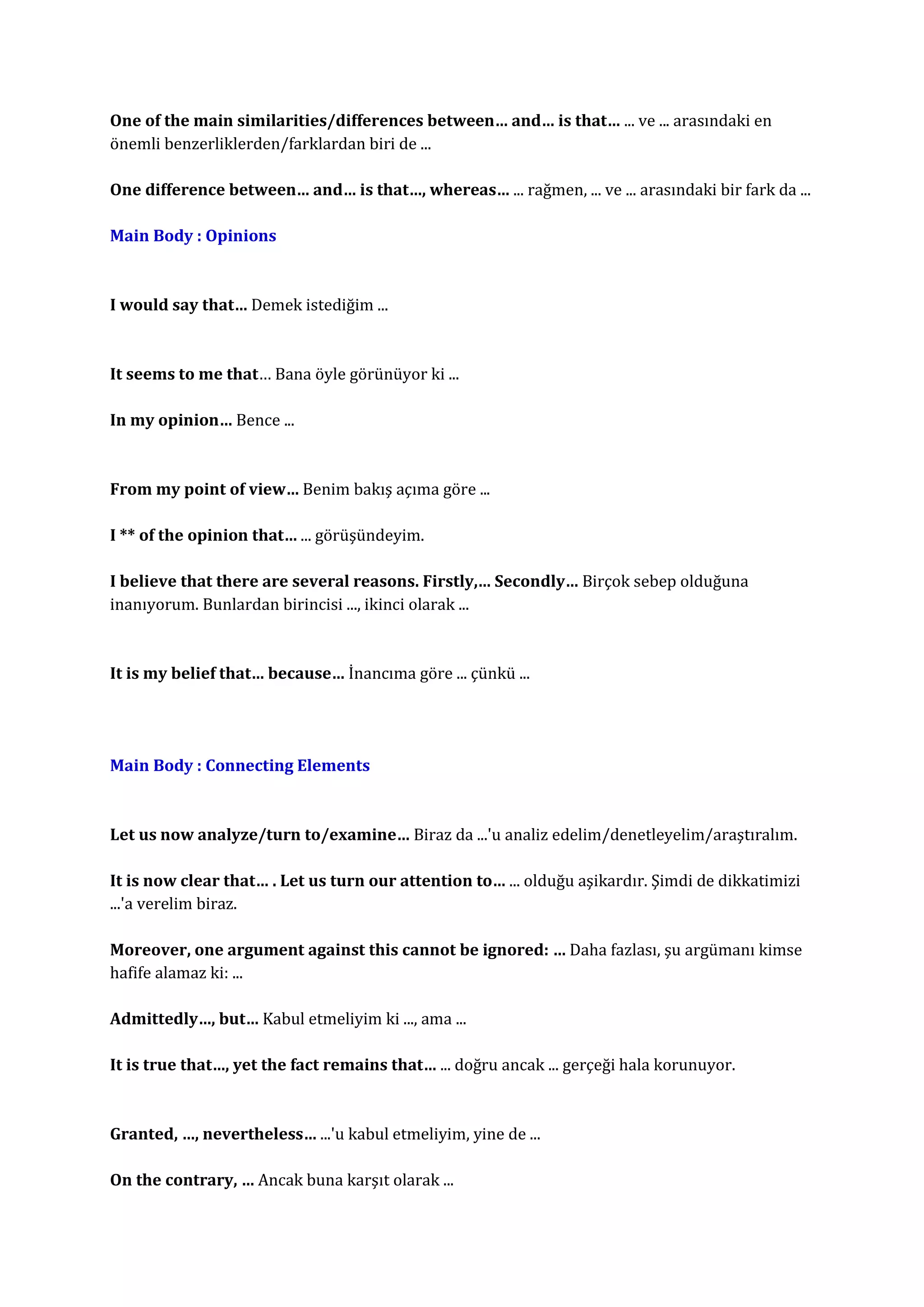One of the main similarities/differences between… and… is that… ... ve ... arasındaki en
önemli benzerliklerden/farklardan biri de ...

One difference between… and… is that…, whereas… ... rağmen, ... ve ... arasındaki bir fark da ...

Main Body : Opinions



I would say that… Demek istediğim ...



It seems to me that… Bana öyle görünüyor ki ...

In my opinion… Bence ...



From my point of view… Benim bakış açıma göre ...

I ** of the opinion that… ... görüşündeyim.

I believe that there are several reasons. Firstly,… Secondly… Birçok sebep olduğuna
inanıyorum. Bunlardan birincisi ..., ikinci olarak ...



It is my belief that… because… İnancıma göre ... çünkü ...




Main Body : Connecting Elements



Let us now analyze/turn to/examine… Biraz da ...'u analiz edelim/denetleyelim/araştıralım.

It is now clear that… . Let us turn our attention to… ... olduğu aşikardır. Şimdi de dikkatimizi
...'a verelim biraz.

Moreover, one argument against this cannot be ignored: … Daha fazlası, şu argümanı kimse
hafife alamaz ki: ...

Admittedly…, but… Kabul etmeliyim ki ..., ama ...

It is true that…, yet the fact remains that… ... doğru ancak ... gerçeği hala korunuyor.



Granted, …, nevertheless… ...'u kabul etmeliyim, yine de ...

On the contrary, … Ancak buna karşıt olarak ...
 