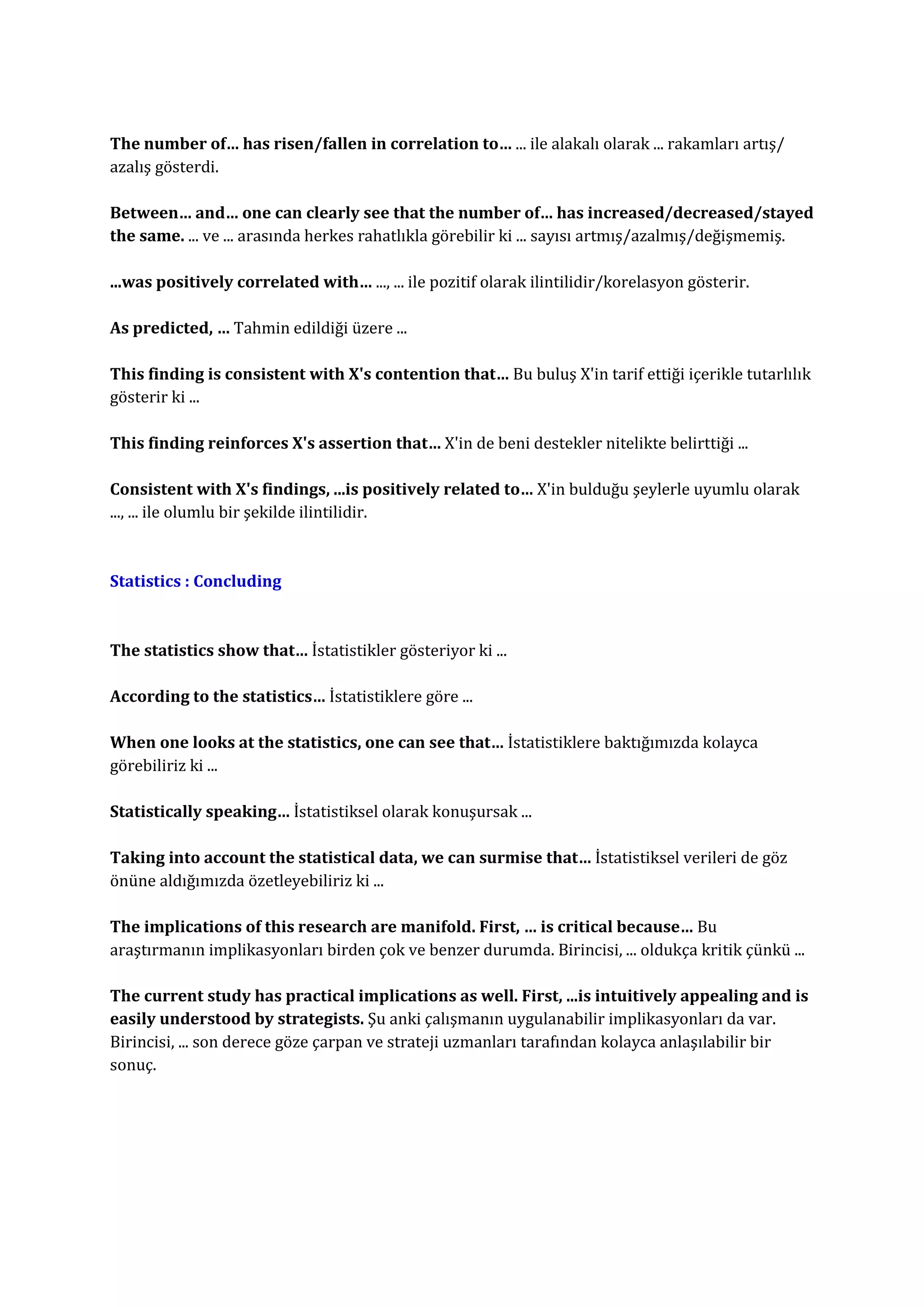 The number of… has risen/fallen in correlation to… ... ile alakalı olarak ... rakamları artış/
azalış gösterdi.

Between… and… one can clearly see that the number of… has increased/decreased/stayed
the same. ... ve ... arasında herkes rahatlıkla görebilir ki ... sayısı artmış/azalmış/değişmemiş.

...was positively correlated with… ..., ... ile pozitif olarak ilintilidir/korelasyon gösterir.

As predicted, … Tahmin edildiği üzere ...

This finding is consistent with X's contention that… Bu buluş X'in tarif ettiği içerikle tutarlılık
gösterir ki ...

This finding reinforces X's assertion that… X'in de beni destekler nitelikte belirttiği ...

Consistent with X's findings, ...is positively related to… X'in bulduğu şeylerle uyumlu olarak
..., ... ile olumlu bir şekilde ilintilidir.



Statistics : Concluding



The statistics show that… İstatistikler gösteriyor ki ...

According to the statistics… İstatistiklere göre ...

When one looks at the statistics, one can see that… İstatistiklere baktığımızda kolayca
görebiliriz ki ...

Statistically speaking… İstatistiksel olarak konuşursak ...

Taking into account the statistical data, we can surmise that… İstatistiksel verileri de göz
önüne aldığımızda özetleyebiliriz ki ...

The implications of this research are manifold. First, … is critical because… Bu
araştırmanın implikasyonları birden çok ve benzer durumda. Birincisi, ... oldukça kritik çünkü ...

The current study has practical implications as well. First, ...is intuitively appealing and is
easily understood by strategists. Şu anki çalışmanın uygulanabilir implikasyonları da var.
Birincisi, ... son derece göze çarpan ve strateji uzmanları tarafından kolayca anlaşılabilir bir
sonuç.
 