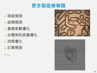 更多製造業專題
瑕疵偵測
故障預測
產線參數優化
台電契約容量優化
流程優化
訂單預測
…
70
 