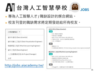 34
專為人工智慧人才 / 職缺設計的媒合網站。
校友刊登的職缺需求將定期發送給所有校友。
http://jobs.aiacademy.tw/
 
