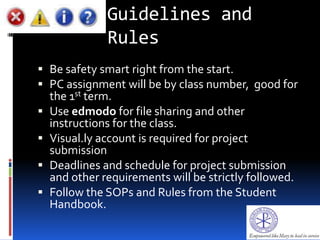 Guidelines and
Rules
 Be safety smart right from the start.
 PC assignment will be by class number, good for
the 1st term.
 Use edmodo for file sharing and other
instructions for the class.
 Visual.ly account is required for project
submission
 Deadlines and schedule for project submission
and other requirements will be strictly followed.
 Follow the SOPs and Rules from the Student
Handbook.
 