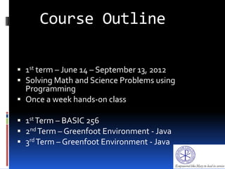 Course Outline
 1st term – June 14 – September 13, 2012
 Solving Math and Science Problems using
Programming
 Once a week hands-on class
 1st Term – BASIC 256
 2nd Term – Greenfoot Environment - Java
 3rd Term – Greenfoot Environment - Java
 