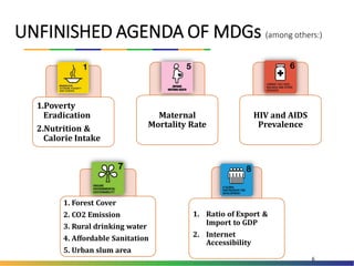 1. Forest Cover
2. CO2 Emission
3. Rural drinking water
4. Affordable Sanitation
5. Urban slum area
1. Ratio of Export &
Import to GDP
2. Internet
Accessibility
UNFINISHED AGENDA OF MDGs (among others:)
1.Poverty
Eradication
2.Nutrition &
Calorie Intake
Maternal
Mortality Rate
HIV and AIDS
Prevalence
6
 