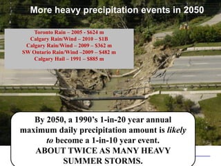 TELLING THE WEATHER STORY | 14 
By 2050, a 1990’s 1-in-20 year annual maximum daily precipitation amount is likely to become a 1-in-10 year event. 
ABOUT TWICE AS MANY HEAVY SUMMER STORMS. 
More heavy precipitation events in 2050 
Toronto Rain –2005 -$624 m 
Calgary Rain/Wind –2010 –$1B 
Calgary Rain/Wind –2009 –$362 m 
SW Ontario Rain/Wind –2009 –$482 m 
Calgary Hail –1991 –$885 m  