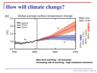 How will climate change? 
IPCC AR5 WG1 (2013) 
Near term warming –all scenarios 
Increasing rate of warming –high emissions scenarios  