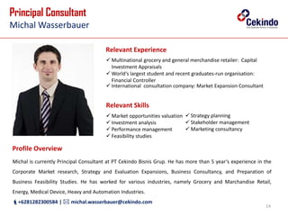 14
Principal Consultant
Michal Wasserbauer
Michal is currently Principal Consultant at PT Cekindo Bisnis Grup. He has more than 5 year‘s experience in the
Corporate Market research, Strategy and Evaluation Expansions, Business Consultancy, and Preparation of
Business Feasibility Studies. He has worked for various industries, namely Grocery and Marchandise Retail,
Energy, Medical Device, Heavy and Automation Industries.
+6281282300584 |  michal.wasserbauer@cekindo.com
Michal Wasserbauer
 Market opportunities valuation
 Investment analysis
 Performance management
 Feasibility studies
 Strategy planning
 Stakeholder management
 Marketing consultancy
Profile Overview
Relevant Experience
Relevant Skills
 Multinational grocery and general merchandise retailer: Capital
Investment Appraisals
 World‘s largest student and recent graduates-run organisation:
Financial Controller
 International consultation company: Market Expansion Consultant
 