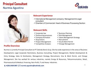 15
Principal Consultant
Nurmia Agustina
Nurmia is currently Principal Consultant at PT Cekindo Bisnis Grup. She has wide experience in the areas of Business
Development, Legal Corporate Restrictions, Business Consulting, Project Management, Market Development &
Entry Strategy, Sales & Distribution, Management Strategy, Recruitment, Visa & Work Permit, and Change
Management. She has worked for various industries, namely Energy & Resources, Telecommunication, Retail,
Pharmaceutical & Medical, Financing, Non-Profit, IT and Heavy Industries.
+628119691987 | nurmia.agustina@cekindo.com
 International Management company: Management & Legal
consultant
 Chamber of Commercial: Head of Business Processing Section
Nurmia Dwi Agustina
 Corporate law
 Outsourcing processes
 Company formation
 Acquisitions
 Project Management
 Competitive Analysis
 Business Planning
 Risk Management
 Talent Management Strategy
 Recruitment
 Visa & Work Permit
 Change Management
Relevant Experience
Relevant Skills
Profile Overview
 