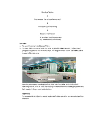 Blending/Mixing
↓
Dust removal (by action of air current)
↓
Transporting/Transferring
↓
Lap sheet formation
(i) Scutcher(fixed) intermittent
(ii)Chute feeding(continuous)
OPENING
a. To openthe compressedbales of fibres
b. To make the cotton tufta small size asfar as possible. NOTE:atuft isa collectionof
progressivelysmallerandsmallerclumps. The diagrambelow knownas BALE PLUCKER
isusedin fibre opening.
Openingissimplythe breakingupof the fibre massintotufts. Withmodernbale
reducingsystem,up to80 balesare lineduponthe floorand reducedbyprogrammable
bale breakerinlayersfromtopto bottom.
CLEANING
To remove dirt,dust,brokenseeds,brokenleaf,stalksandotherforeignmaterialsfrom
the fibres.
 