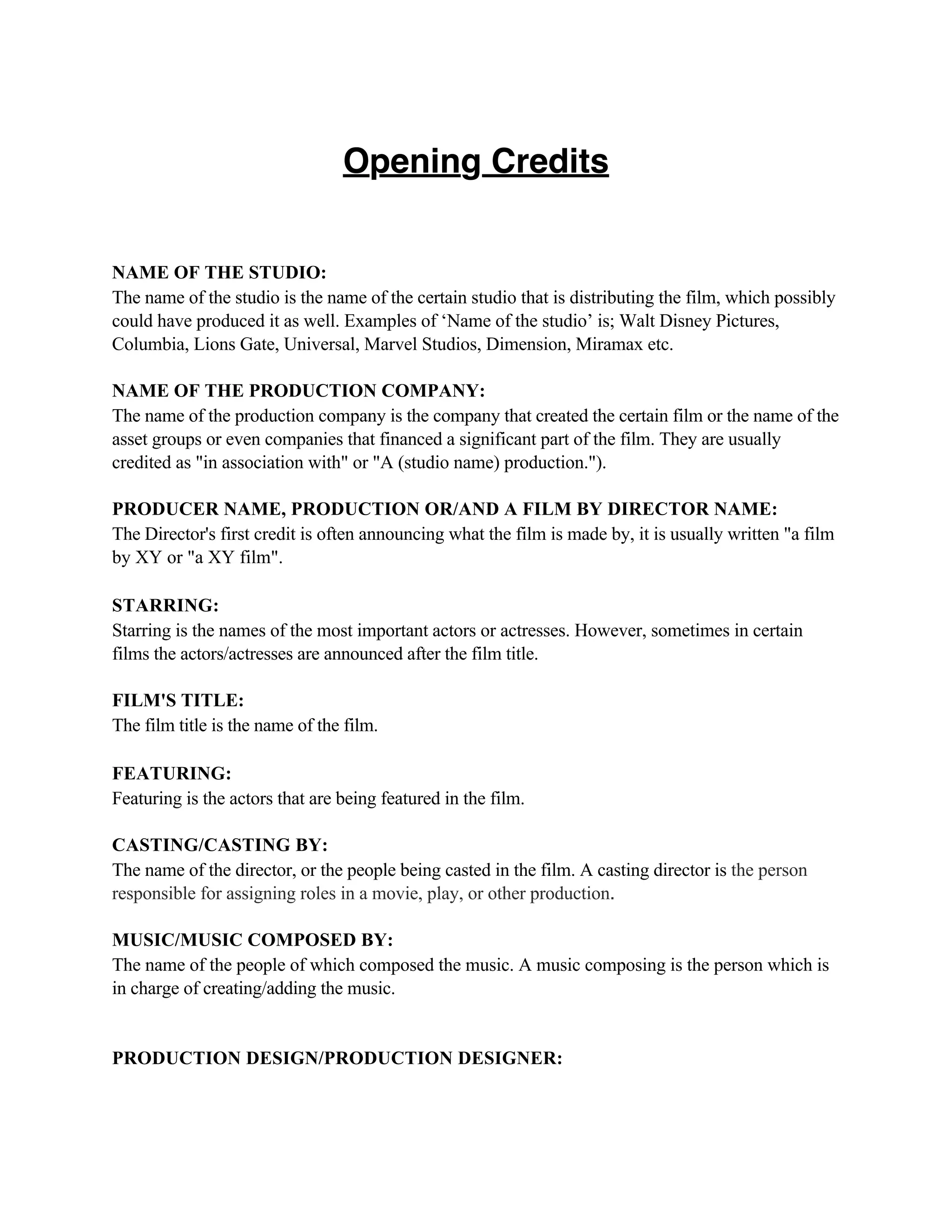 Opening Credits Roles | PDF