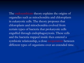 The endosymbiont theory explains the origins of
organelles such as mitochondria and chloroplasts
in eukaryotic cells. The theory proposes that
chloroplasts and mitochondria evolved from
certain types of bacteria that prokaryotic cells
engulfed through endophagocytosis. These cells
and the bacteria trapped inside then entered a
symbiotic relationship, a close cooperation between
different types of organisms over an extended time.
 