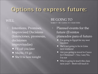 WILL BE GOING TO
SUBJECT + BE + GOING TO + BASE FORM
 Intentions, Promises,
Improvised Decisions
(Intenciones, promesas,
decisiones
improvisadas)
 I’ll call you later
 Maybe, I’ll go
 She’ll be here tonight
 Planned events for the
future (Eventos
planeados para el futuro
 I’m going to Egypt for my next
vacation
 She’s not going to be in Lima
next weekend
 Are you going to travel to Cuzco
for Christmas? – Yes, I am/No,
I’m not
 Who is going to teach this class
next year? – Brett will teach it
 