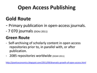 Open Access Publishing
Gold Route
- Primary publication in open-access journals.
- 7 070 journals (DOAJ 2011)
Green Route
- Self-archiving of scholarly content in open access
   repositories prior to, in parallel with, or after
   publication.
- 2085 repositories worldwide (DOAR 2011)
http://poeticeconomics.blogspot.com/2011/09/dramatic-growth-of-open-access.html
 