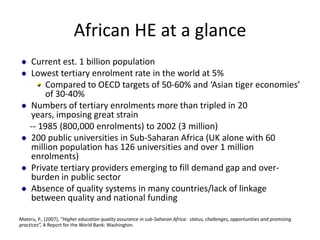 African HE at a glance
    Current est. 1 billion population
    Lowest tertiary enrolment rate in the world at 5%
        Compared to OECD targets of 50-60% and ‘Asian tiger economies’
        of 30-40%
    Numbers of tertiary enrolments more than tripled in 20
    years, imposing great strain
    -- 1985 (800,000 enrolments) to 2002 (3 million)
    200 public universities in Sub-Saharan Africa (UK alone with 60
    million population has 126 universities and over 1 million
    enrolments)
    Private tertiary providers emerging to fill demand gap and over-
    burden in public sector
    Absence of quality systems in many countries/lack of linkage
    between quality and national funding

Materu, P., (2007), “Higher education quality assurance in sub-Saharan Africa: status, challenges, opportunities and promising
practices”, A Report for the World Bank: Washington.
 