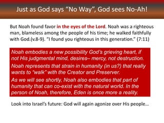 Just as God says “No Way”, God sees No-Ah!
But Noah found favor in the eyes of the Lord. Noah was a righteous
man, blameless among the people of his time; he walked faithfully
with God.(v.8-9). “I found you righteous in this generation.” (7:11)
Noah embodies a new possibility God’s grieving heart, if
not His judgmental mind, desires– mercy, not destruction.
Noah represents that strain in humanity (in us?) that really
wants to “walk” with the Creator and Preserver.
As we will see shortly, Noah also embodies that part of
humanity that can co-exist with the natural world. In the
person of Noah, therefore, Eden is once more a reality.
Look into Israel’s future: God will again agonize over His people…
 