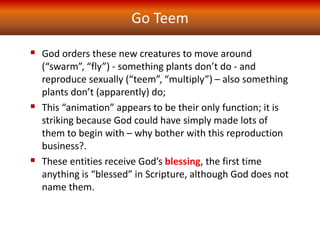 Go Teem
 God orders these new creatures to move around
(“swarm”, “fly”) - something plants don’t do - and
reproduce sexually (“teem”, “multiply”) – also something
plants don’t (apparently) do;
 This “animation” appears to be their only function; it is
striking because God could have simply made lots of
them to begin with – why bother with this reproduction
business?.
 These entities receive God’s blessing, the first time
anything is “blessed” in Scripture, although God does not
name them.
 