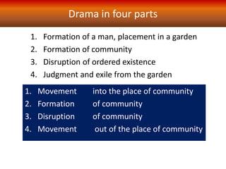 Drama in four parts
1. Formation of a man, placement in a garden
2. Formation of community
3. Disruption of ordered existence
4. Judgment and exile from the garden
1. Movement into the place of community
2. Formation of community
3. Disruption of community
4. Movement out of the place of community
 