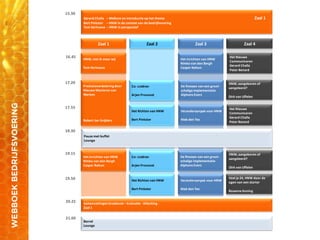Pauze met buffet
Lounge
Gerard Challa – Welkom en introductie op het thema Zaal 1
Bert Pinkster – HNW in de context van de bedrijfsvoering
Tom Verhoeve – HNW in perspectief
15.00 Ontvangst enregistratie
15.30
HNW, niet ik maar wij
Tom Verhoeve
16.45
17.20
18.30
19.15
20.25
21.00
19.50
Samenvattingen breakouts – Evaluatie - Afsluiting -
Zaal 1
Borrel
Lounge
Het inrichten van HNW
Rimko van den Bergh
Casper Nahon
Veranderaanpak voor HNW
Niek den Tex
De finesses van een groot-
schalige implementatie
Alphons Evers
Prestatieverbeteringdoor
Nieuwe Manieren van
Werken
Robert Jan Snijders
HNW, aangeboren of
aangeleerd?
Dirk van Uffelen
Het Nieuwe
Communiceren
Gerard Challa
Peter Benard
Het Nieuwe
Communiceren
Gerard Challa
Peter Benard
Zaal 1 Zaal 3Zaal 2 Zaal 4
17.55
Co- creëren
Arjen Provoost
Het Richten van HNW
Bert Pinkster
Het inrichten van HNW
Rimko van den Bergh
Casper Nahon
Veranderaanpak voor HNW
Niek den Tex
Co- creëren
Arjen Provoost
Voel je 24, HNW door de
ogen van een starter
Rosanne Koning
De finesses van een groot-
schalige implementatie
Alphons Evers
HNW, aangeboren of
aangeleerd?
Dirk van Uffelen
Het Richten van HNW
Bert Pinkster
 