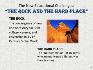 The New Educational Challenges:“The Rock and the Hard Place”The Rock: The convergence of new and necessary skills for college, careers, and citizenship in a 21st Century Global World.The Hard Place: The “Net Generation” of students who are motivated differently in their learning.*