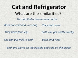 Cat and Refrigerator What are the similarities? You can find a mouse under bothBoth are cold and uncaringThey both purr They have four legs Both can get pretty smellyYou can put milk in bothBoth emit heatBoth are warm on the outside and cold on the inside