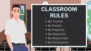 CLASSROOM
RULES
Be Prompt
Be Honest
Be Prepared
Be Participative
Be Respectful
Be Responsible
 