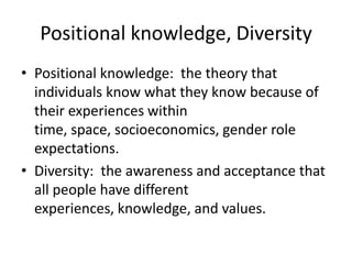 Positional knowledge, DiversityPositional knowledge:  the theory that individuals know what they know because of their experiences within time, space, socioeconomics, gender role expectations.Diversity:  the awareness and acceptance that all people have different experiences, knowledge, and values.