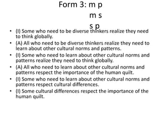 Form 3: m p               m ss p(I) Some who need to be diverse thinkers realize they need to think globally.(A) All who need to be diverse thinkers realize they need to learn about other cultural norms and patterns.(I) Some who need to learn about other cultural norms and patterns realize they need to think globally.(A) All who need to learn about other cultural norms and patterns respect the importance of the human quilt.(I) Some who need to learn about other cultural norms and patterns respect cultural differences.(I) Some cultural differences respect the importance of the human quilt.