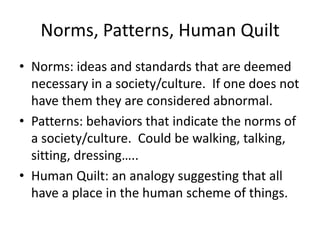Norms, Patterns, Human QuiltNorms: ideas and standards that are deemed necessary in a society/culture.  If one does not have them they are considered abnormal.Patterns: behaviors that indicate the norms of a society/culture.  Could be walking, talking, sitting, dressing…..Human Quilt: an analogy suggesting that all have a place in the human scheme of things.