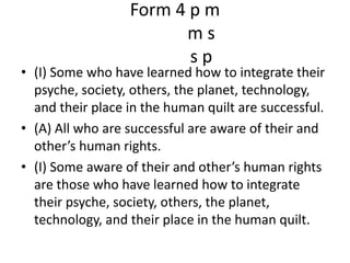 Form 4 p mm ss p(I) Some who have learned how to integrate their psyche, society, others, the planet, technology, and their place in the human quilt are successful.(A) All who are successful are aware of their and other’s human rights.(I) Some aware of their and other’s human rights are those who have learned how to integrate their psyche, society, others, the planet, technology, and their place in the human quilt.