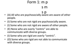 Form 1: m ps m              s p(A) All who are psychosocially aware are aware of other people.(I) Some who are not rigid are psychosocially aware.(I) Some who are not rigid are aware of other people.(E) None who are overly “centric” are able to communicate with diverse groups.(I) Some who are rigid are overly “centric”.(O) Some who are rigid are not able to communicate with diverse groups. 