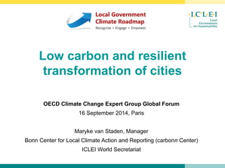 Low carbon and resilient transformation of cities 
OECD Climate Change Expert Group Global Forum 
16 September 2014, Paris 
Maryke van Staden, Manager 
Bonn Center for Local Climate Action and Reporting (carbonn Center) 
ICLEI World Secretariat  
