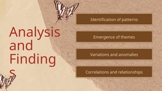 Analysis
and
Finding
s
Identification of patterns
Emergence of themes
Variations and anomalies
Correlations and relationships
 