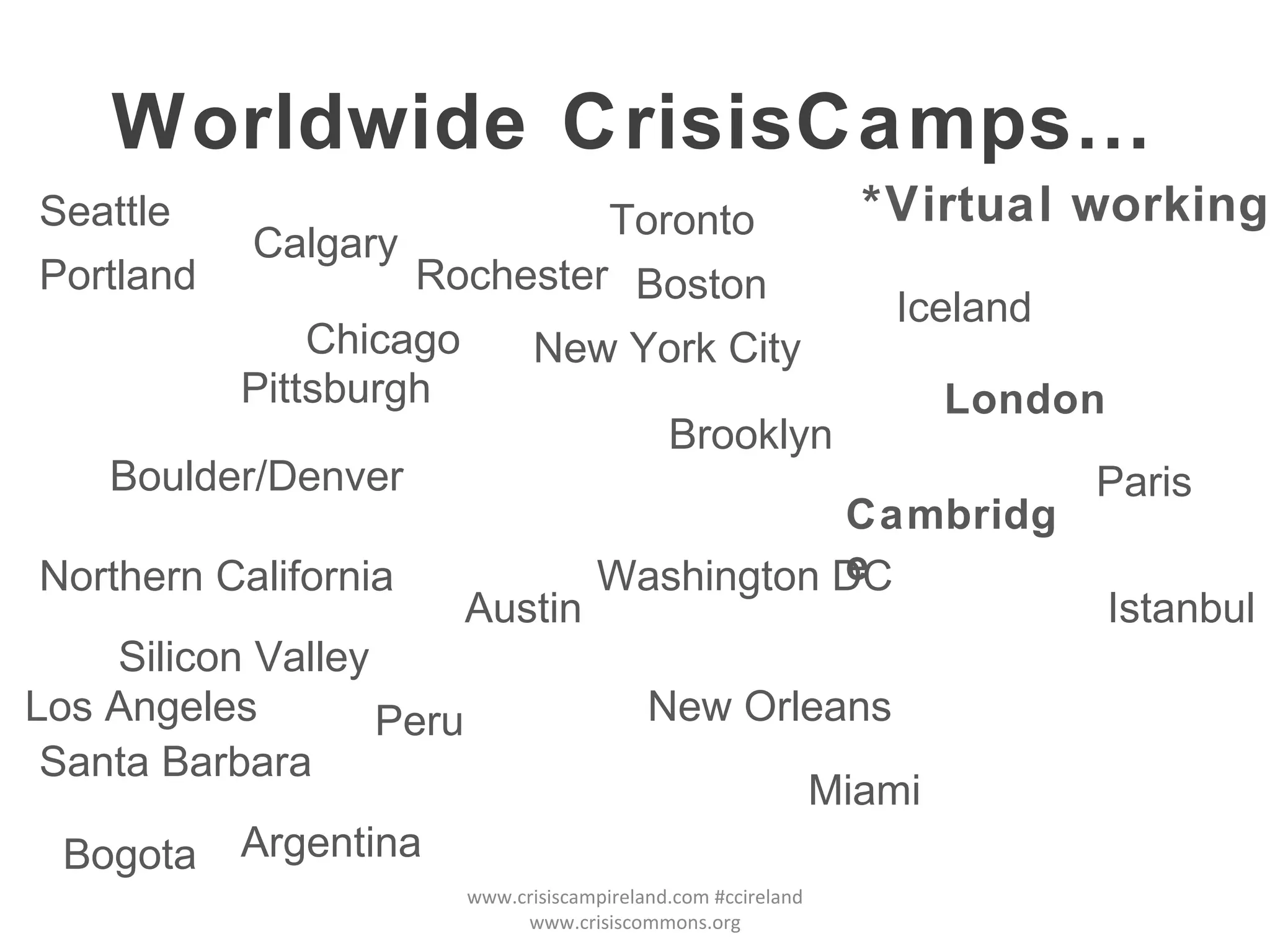 Worldwide CrisisCamps… www.crisiscampireland.com #ccireland www.crisiscommons.org Iceland Paris Bogota Argentina Austin Brooklyn Calgary Boston Chicago Istanbul Boulder/Denver Los Angeles Northern California Miami New York City New Orleans Pittsburgh Portland Toronto Seattle Silicon Valley Washington DC Santa Barbara Rochester London *Virtual working Cambridge Peru 