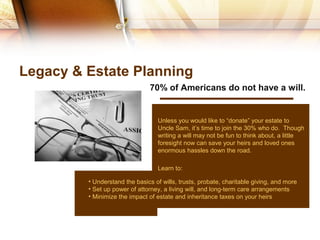 Legacy & Estate Planning
Unless you would like to “donate” your estate to
Uncle Sam, it’s time to join the 30% who do. Though
writing a will may not be fun to think about, a little
foresight now can save your heirs and loved ones
enormous hassles down the road.
Learn to:
• Understand the basics of wills, trusts, probate, charitable giving, and more
• Set up power of attorney, a living will, and long-term care arrangements
• Minimize the impact of estate and inheritance taxes on your heirs
70% of Americans do not have a will.
 