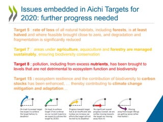 Issues embedded in Aichi Targets for
2020: further progress needed
Target 5 : rate of loss of all natural habitats, including forests, is at least
halved and where feasible brought close to zero, and degradation and
fragmentation is significantly reduced
Target 7 : areas under agriculture, aquaculture and forestry are managed
sustainably, ensuring biodiversity conservation
Target 8 : pollution, including from excess nutrients, has been brought to
levels that are not detrimental to ecosystem function and biodiversity
Target 15 : ecosystem resilience and the contribution of biodiversity to carbon
stocks has been enhanced, … thereby contributing to climate change
mitigation and adaptation…
 