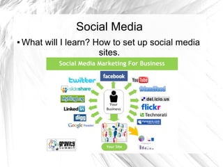 Social Media
● What will I learn? How to set up social media
sites.
 
