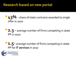 <ul><li>43%  -  share of state contracts awarded to single offer in 2010 </li></ul><ul><li>2.3   –  average number of firm...