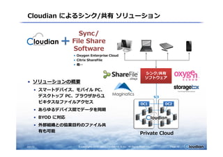 Cloudian によるシンク/共有 ソリューション
• ソリューションの概要
シンク/共有
ソフトウェア
Sync/
File Share
Software
• Oxygen Enterprise Cloud
• Citrix ShareFile
• 他…
• ソリューションの概要
• スマートデバイス、モバイル PC、
デスクトップ PC、ブラウザからユ
ビキタスなファイルアクセス
• あらゆるデバイス間でデータを同期
• BYOD に対応
• 外部組織との協業目的のファイル共
有も可能
Jun-13 © Copyrights 2010 - 2013 Cloudian KK & Inc. All Rights Reserved. Page 10
ソフトウェア
Private Cloud
 