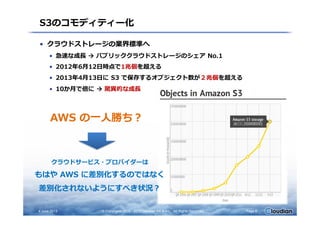 S3のコモディティー化
• クラウドストレージの業界標準へ
• 急速な成⻑ パブリッククラウドストレージのシェア No.1
• 2012年6月12日時点で1兆個を超える
• 2013年4月13日に S3 で保存するオブジェクト数が２兆個を超える
• 10か月で倍に 驚異的な成⻑
AWS の⼀人勝ち？
4 June 2013 © Copyrights 2010 - 2013 Cloudian KK & Inc. All Rights Reserved. Page 5
クラウドサービス・プロバイダーは
もはや AWS に差別化するのではなく
差別化されないようにすべき状況？
AWS の⼀人勝ち？
 