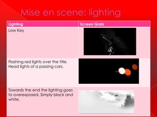 Lighting                              Screen Grab
Low Key




Flashing red lights over the title.
Head lights of a passing cars.




Towards the end the lighting goes
to overexposed. Simply black and
white.
 