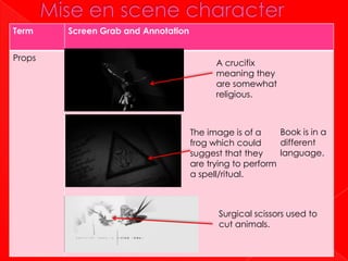 Term    Screen Grab and Annotation


Props
                                           A crucifix
                                           meaning they
                                           are somewhat
                                           religious.



                                     The image is of a     Book is in a
                                     frog which could      different
                                     suggest that they     language.
                                     are trying to perform
                                     a spell/ritual.



                                            Surgical scissors used to
                                            cut animals.
 