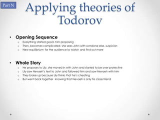 Part N
              Applying theories of
                   Todorov
   • Opening Sequence
         o   Everything started good- him proposing
         o   Then, becomes complicated- she sees John with someone else, suspicion
         o   New equilibrium- for the audience to watch and find out more




   • Whole Story
         o   He proposes to Lily, she moved in with John and started to be over protective
         o   Lily saw Nevaeh’s text to John and followed him and saw Nevaeh with him
         o   They broke up because Lily thinks that he’s cheating
         o   But went back together knowing that Nevaeh is only his close friend
 