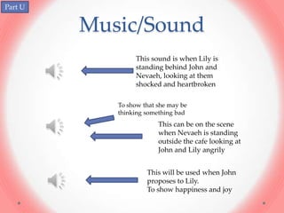 Part U


         Music/Sound
                 This sound is when Lily is
                 standing behind John and
                 Nevaeh, looking at them
                 shocked and heartbroken

            To show that she may be
            thinking something bad
                         This can be on the scene
                         when Nevaeh is standing
                         outside the cafe looking at
                         John and Lily angrily


                     This will be used when John
                     proposes to Lily.
                     To show happiness and joy
 