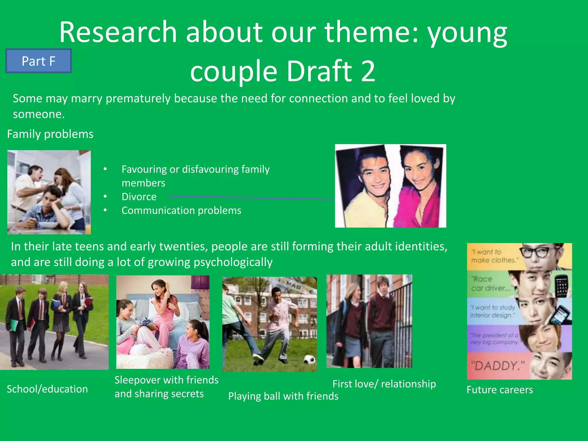 Research about our theme: young
  Part F
                  couple Draft 2
 Some may marry prematurely because the need for connection and to feel loved by
 someone.
Family problems

                   •    Favouring or disfavouring family
                        members
                   •    Divorce
                   •    Communication problems


In their late teens and early twenties, people are still forming their adult identities,
and are still doing a lot of growing psychologically




                       Sleepover with friends                         First love/ relationship
School/education       and sharing secrets                                                       Future careers
                                              Playing ball with friends
 