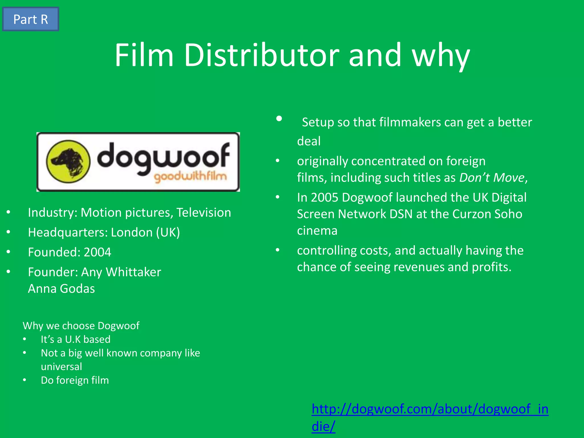 Part R

                      Film Distributor and why
                                              •    Setup so that filmmakers can get a better
                                                  deal
                                              •   originally concentrated on foreign
                                                  films, including such titles as Don’t Move,
                                              •   In 2005 Dogwoof launched the UK Digital
•     Industry: Motion pictures, Television       Screen Network DSN at the Curzon Soho
•     Headquarters: London (UK)                   cinema
•     Founded: 2004                           •   controlling costs, and actually having the
•     Founder: Any Whittaker                      chance of seeing revenues and profits.
      Anna Godas

     Why we choose Dogwoof
     • It’s a U.K based
     • Not a big well known company like
       universal
     • Do foreign film

                                                    http://dogwoof.com/about/dogwoof_in
                                                    die/
 