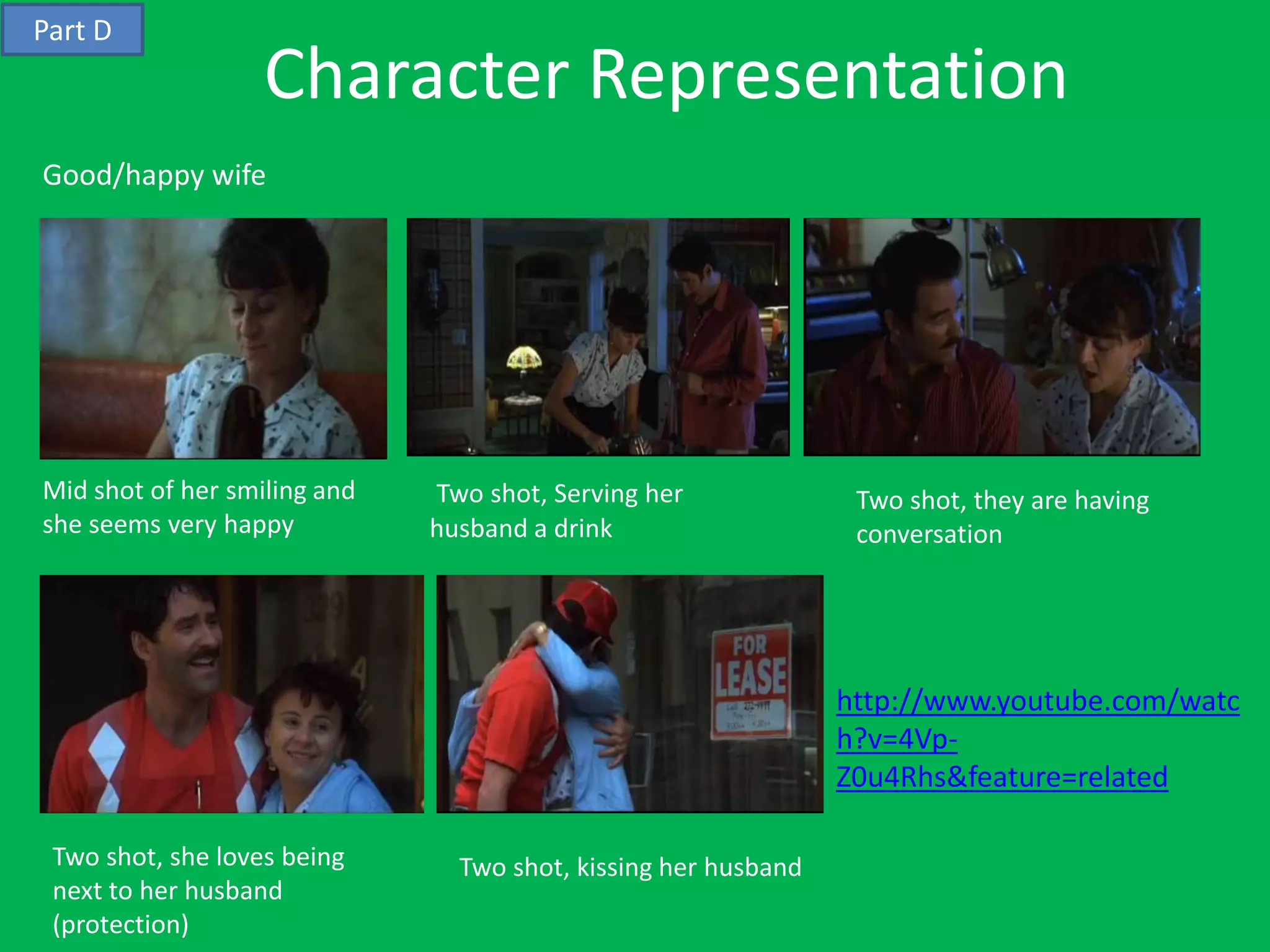 Part D
                   Character Representation
Good/happy wife




Mid shot of her smiling and   Two shot, Serving her              Two shot, they are having
she seems very happy          husband a drink                    conversation




                                                                http://www.youtube.com/watc
                                                                h?v=4Vp-
                                                                Z0u4Rhs&feature=related

 Two shot, she loves being      Two shot, kissing her husband
 next to her husband
 (protection)
 
