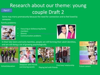 Research about our theme: young
  Part F
                  couple Draft 2
 Some may marry prematurely because the need for connection and to feel loved by
 someone.
Family problems

                   •    Favouring or disfavouring family
                        members
                   •    Divorce
                   •    Communication problems


In their late teens and early twenties, people are still forming their adult identities,
and are still doing a lot of growing psychologically




                       Sleepover with friends                         First love/ relationship
School/education       and sharing secrets                                                       Future careers
                                              Playing ball with friends
 