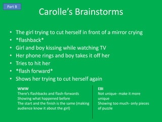 Part B
                      Carolle’s Brainstorms
 •   The girl trying to cut herself in front of a mirror crying
 •   *flashback*
 •   Girl and boy kissing while watching TV
 •   Her phone rings and boy takes it off her
 •   Tries to hit her
 •   *flash forward*
 •   Shows her trying to cut herself again
         WWW                                            EBI
         There’s flashbacks and flash-forwards          Not unique- make it more
         Showing what happened before                   unique
         The start and the finish is the same (making   Showing too much- only pieces
         audience know it about the girl)               of puzzle
 