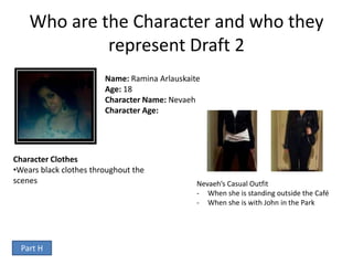 Who are the Character and who they
             represent Draft 2
                        Name: Ramina Arlauskaite
                        Age: 18
                        Character Name: Nevaeh
                        Character Age:




Character Clothes
•Wears black clothes throughout the
scenes                                         Nevaeh’s Casual Outfit
                                               - When she is standing outside the Café
                                               - When she is with John in the Park




  Part H
 